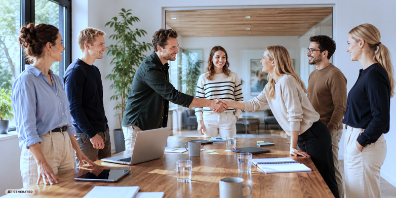 Colleagues shaking hands during a meeting in a modern Scandinavian office environment