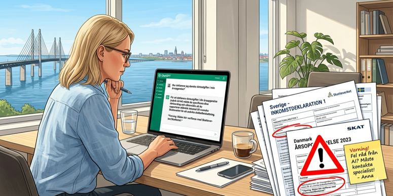 AI-illustration af kvinde, der udfylder deklaration vha. AI